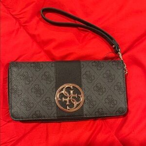 Guess by Marciano Black Logo Wristlet with Gold Emblem